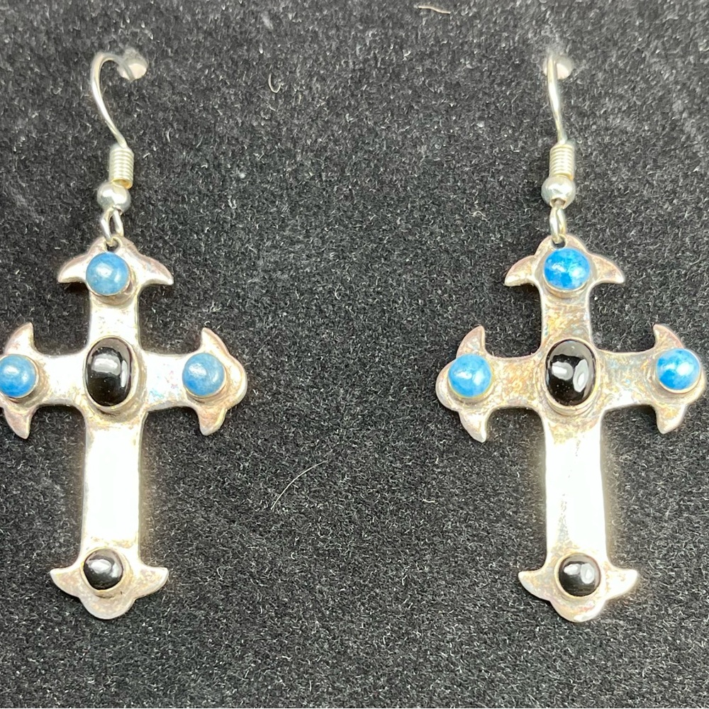 Vintage Sterling Silver Black Onyx Denim Lapis Earrings